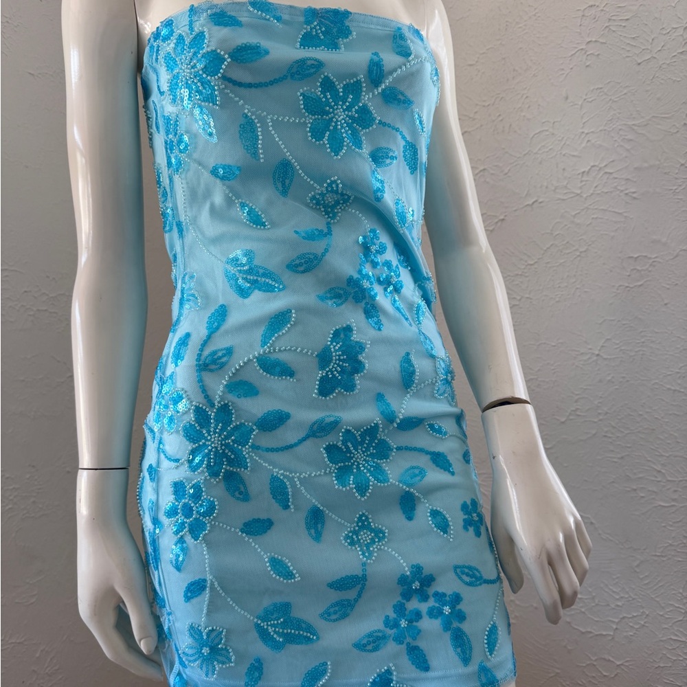 Peppermayo Blue Strapless Sheath Dress for Night Out
